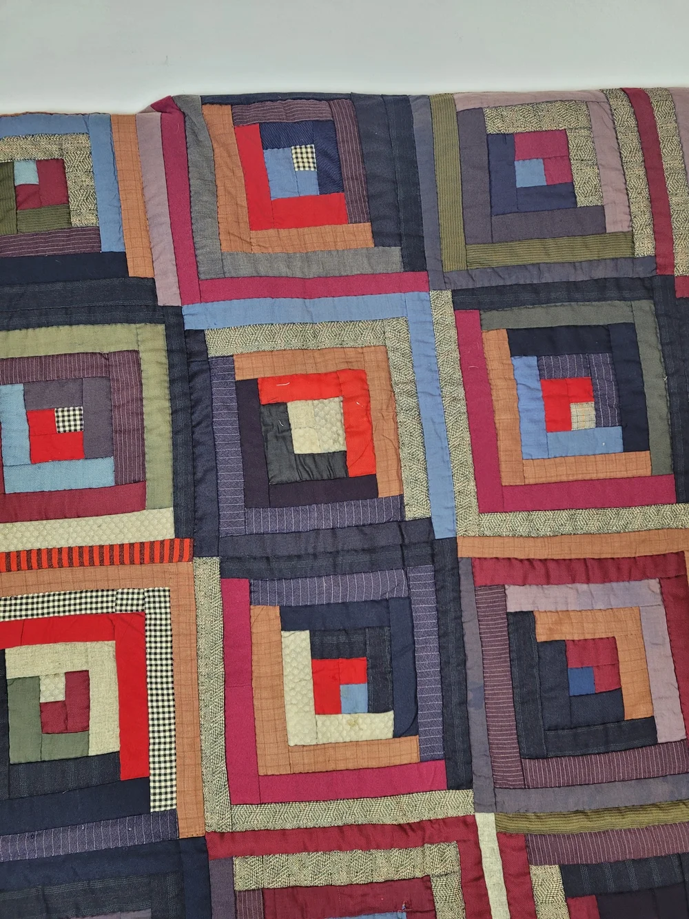 Artisanal Multicolor Log Cabin Quilt - Deep Navy, Burgundy & Olive Accents